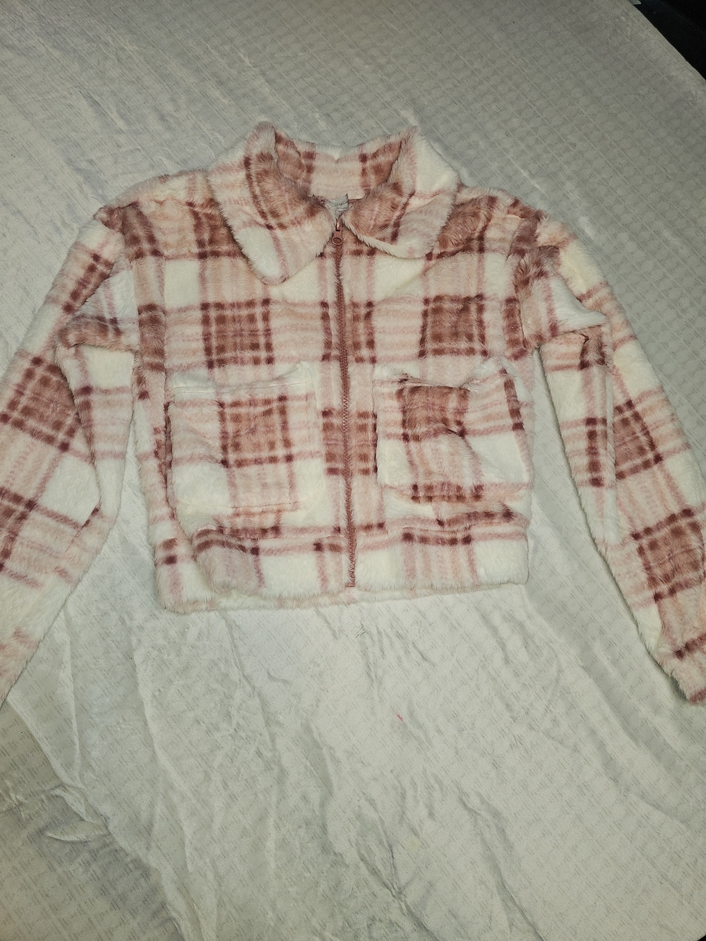 NWOT Cropped Pink Plaid Teddy Jacket - Soft Zip Front